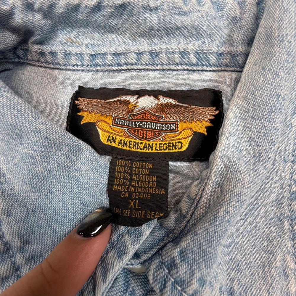 Harley-Davidson Denim Shirt Mens XL Light Wash Long Sleeve Biker FADE PLS READ - Picture 5 of 7